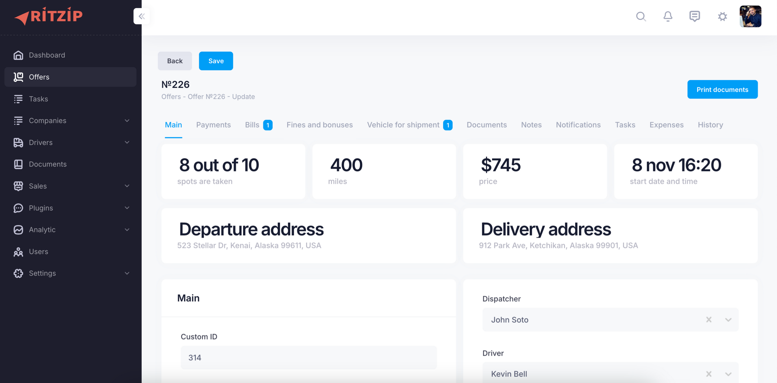 Ritzip dashboard